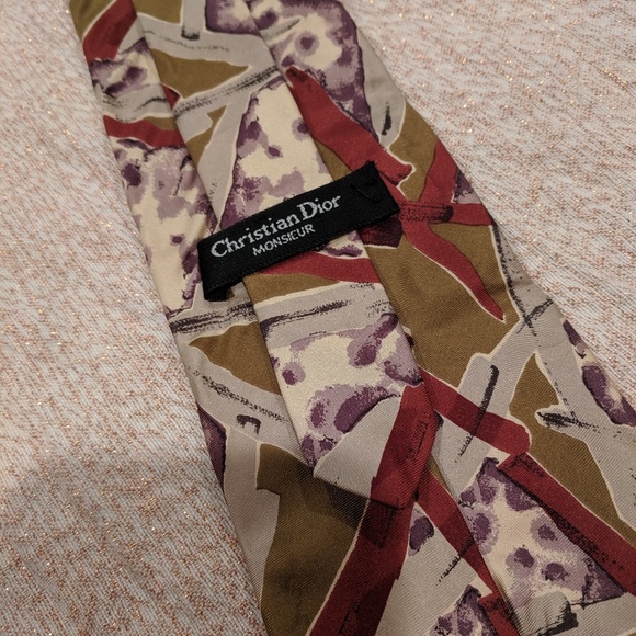 Vintage Christian Dior 100% silk tie tan red brown - Picture 2 of 8